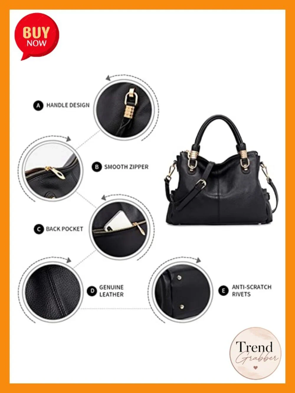 Genuine Leather Satchel Handbag with Adjustable Strap Shoulder Tote